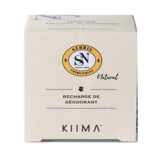 Sustainable cardboard packaging for a natural deodorant refill, handcrafted by Savonnerie de Nebbiu in Corsica for the KIIMA applicator.
