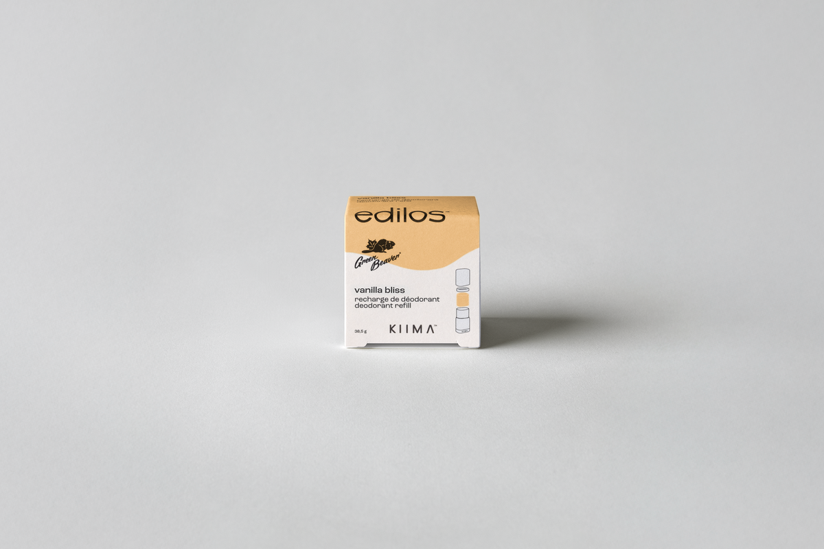 edilos by Green Beaver natural deodorant refill box, vanilla bliss natural fragrance, eco-friendly packaging
