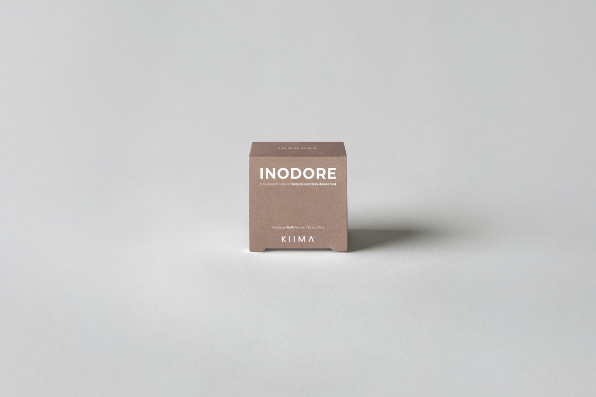 KIIMA INODORE unscented natural deodorant refill box, eco-friendly packaging