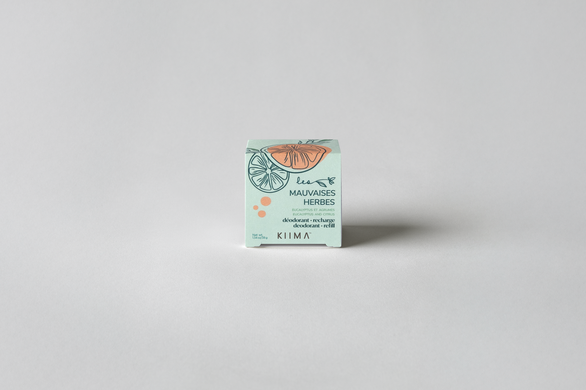 Les Mauvaises Herbes natural deodorant refill box from KIIMA, eco-friendly packaging