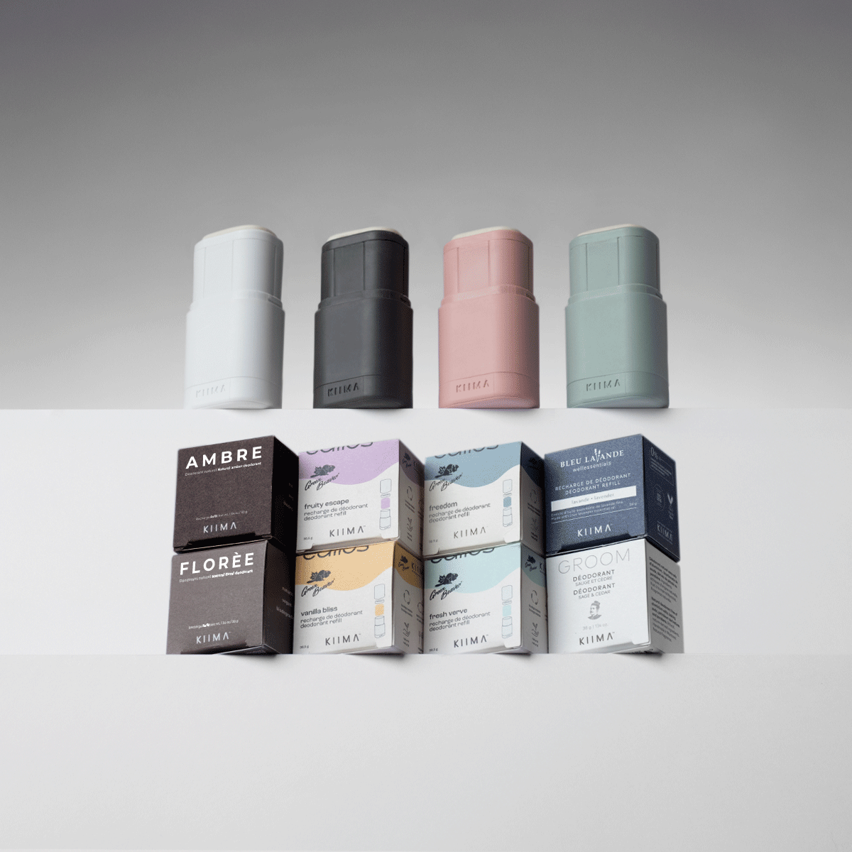 KIIMA family kit of refillable deodorant applicators and refills, eco-friendly packaging