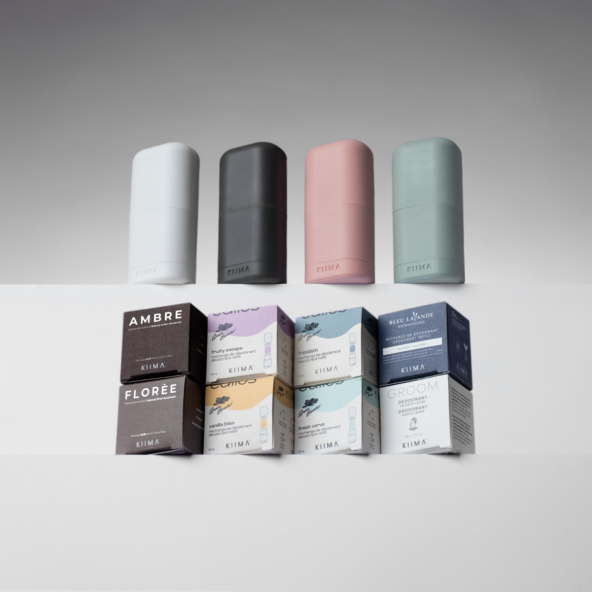 KIIMA family kit of refillable deodorant applicators and refills, eco-friendly packaging