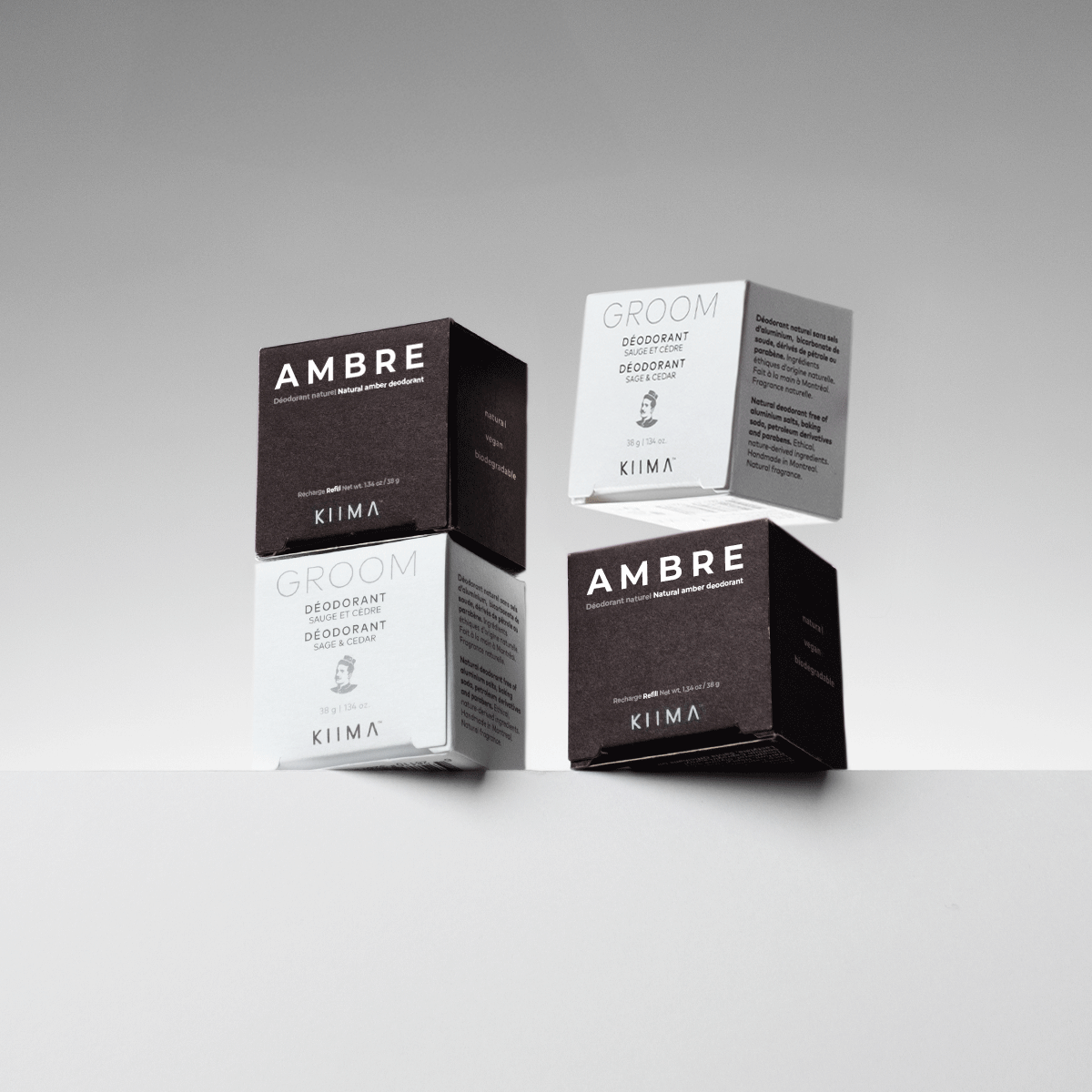 Four KIIMA natural deodorant refills for men, eco-friendly packaging