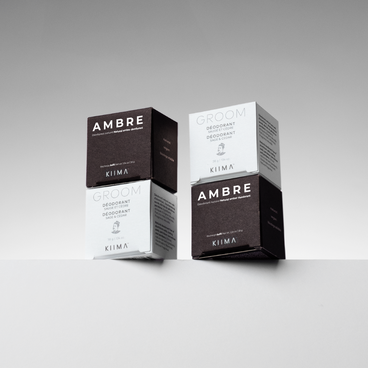 Four KIIMA natural deodorant refills for men, eco-friendly packaging