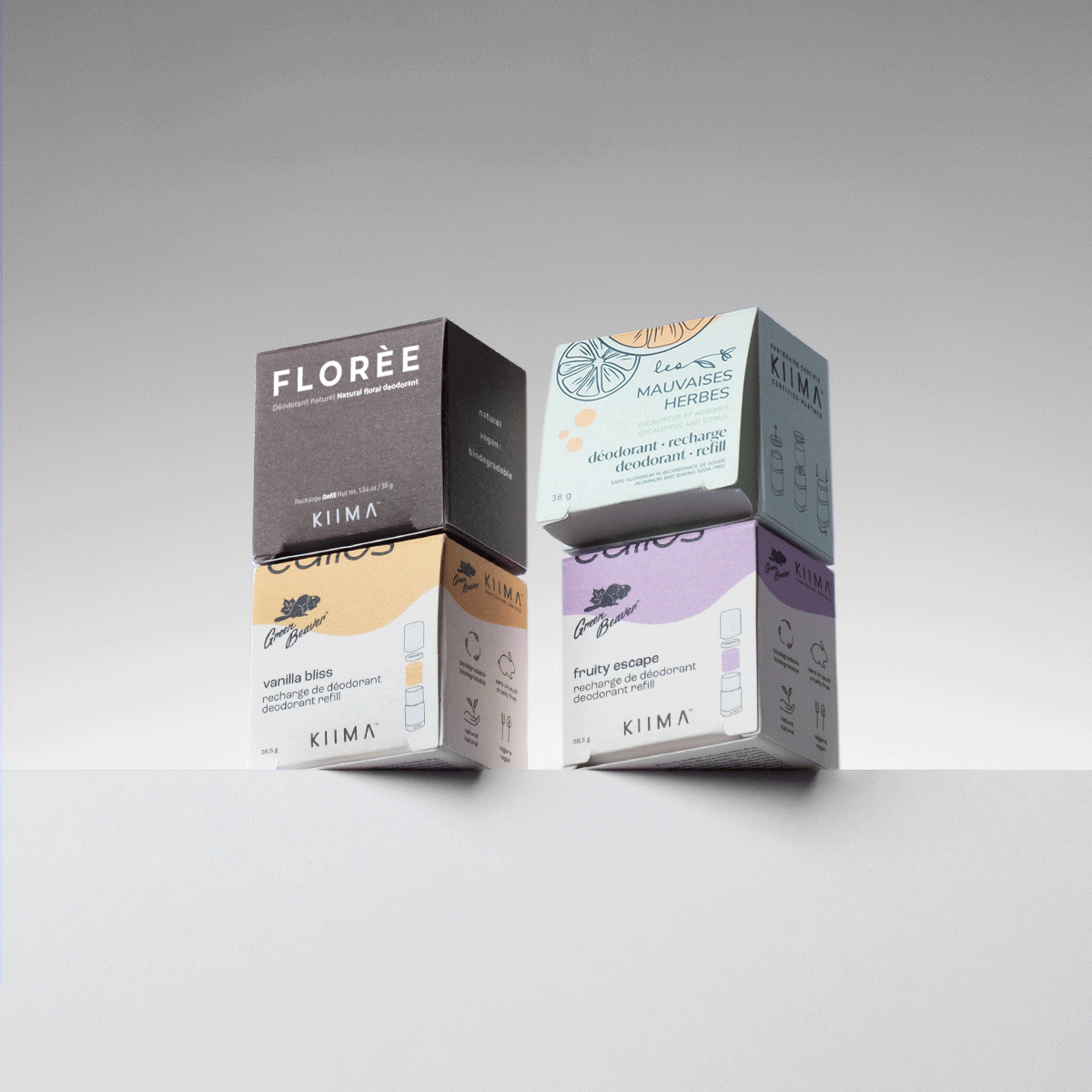 Four KIIMA natural deodorant refills for women, eco-friendly packaging