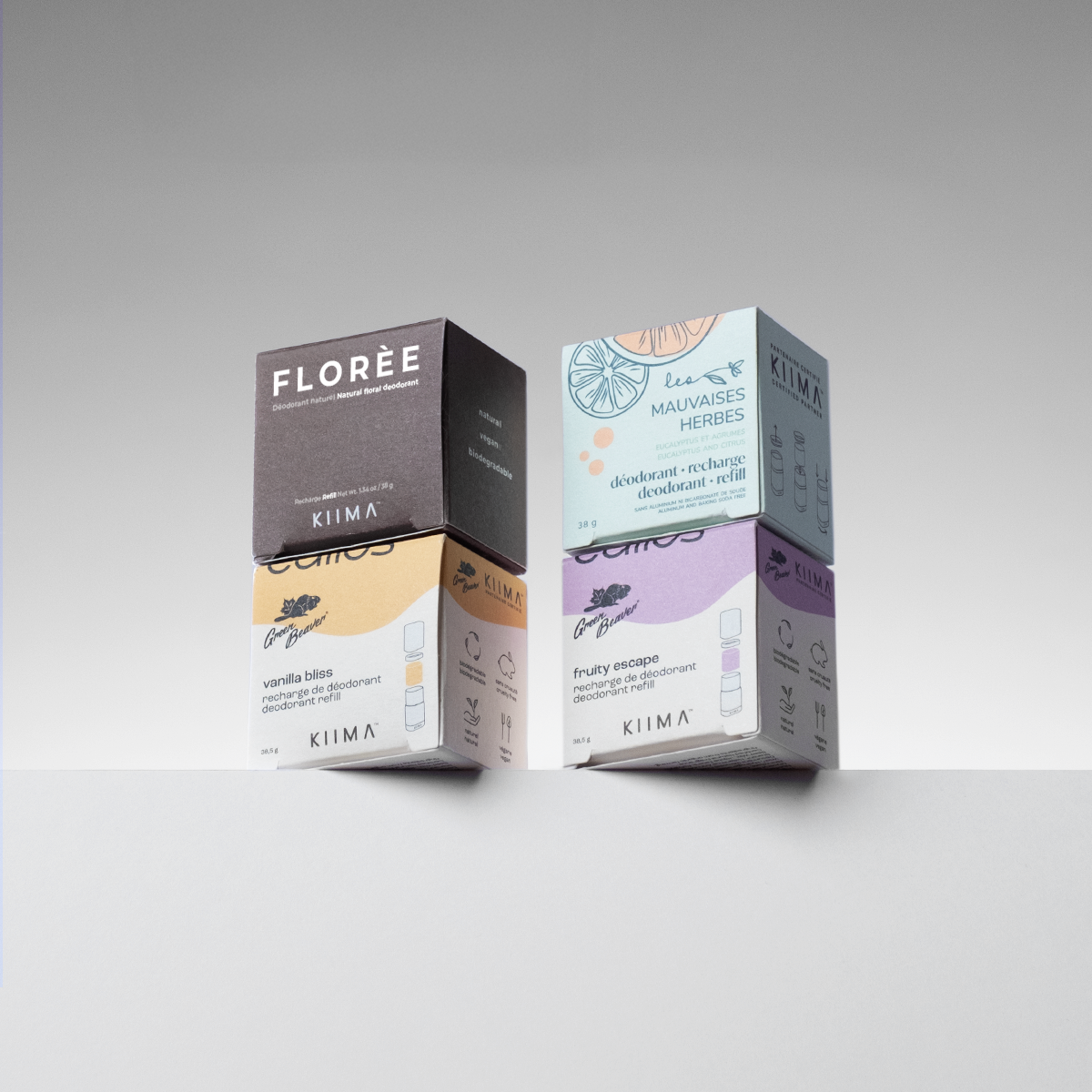 Four KIIMA natural deodorant refills for women, eco-friendly packaging