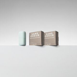 SANS ODEUR refills with blue refillable lip balm packaging on a light gray background