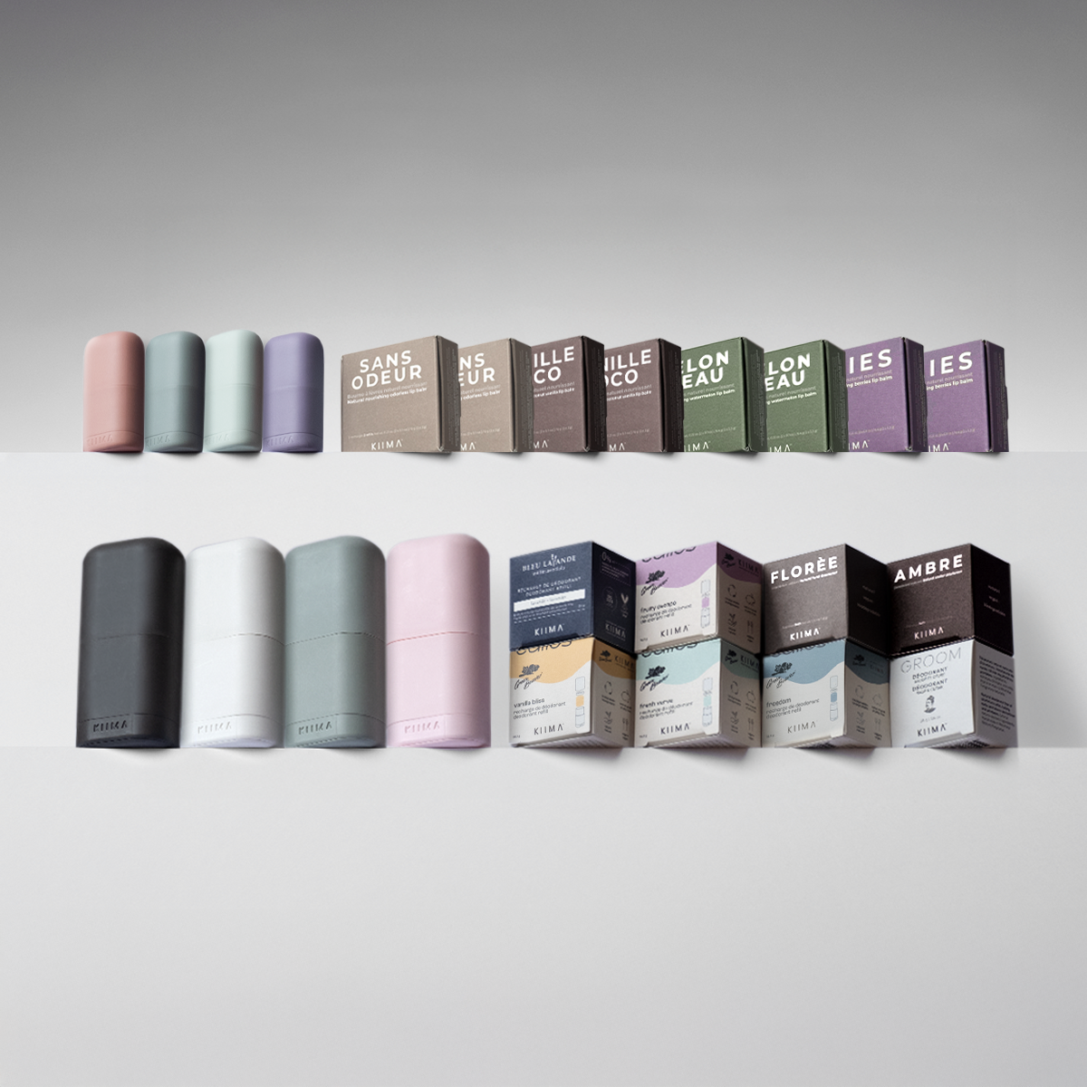 KIIMA family bundle featuring refillable natural deodorant applicators and sustainable lip balm refills in assorted scents.