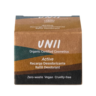 UNII Organic active-formula natural deodorant refill from Portugal, showcased in plastic-free packaging for the KIIMA sustainable applicator.